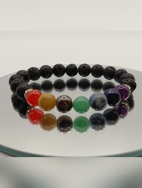 -Black Lava Stone  7  Chakra Bracelet- Healing-Balance-Meditation-Yoga Jewelry